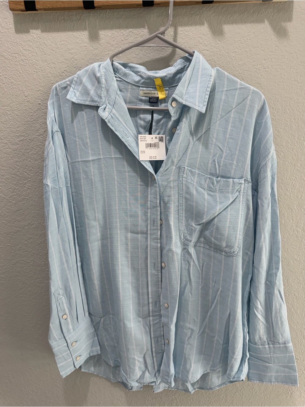 American Eagle Outfitters Pale Blue Vertical-Stripe Button-Down Shirt